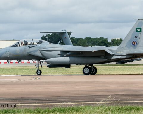 Royal Saudi Air Force F-15SA fighter jet with Saudi Arabia flag on tail, serial number 641, at RAF Fairford 2024