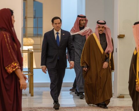 Secretary Marco Rubio and Saudi Foreign Minister Faisal bin Farhan walking together at the Saudi Ministry of Foreign Affairs in Riyadh, February 2025