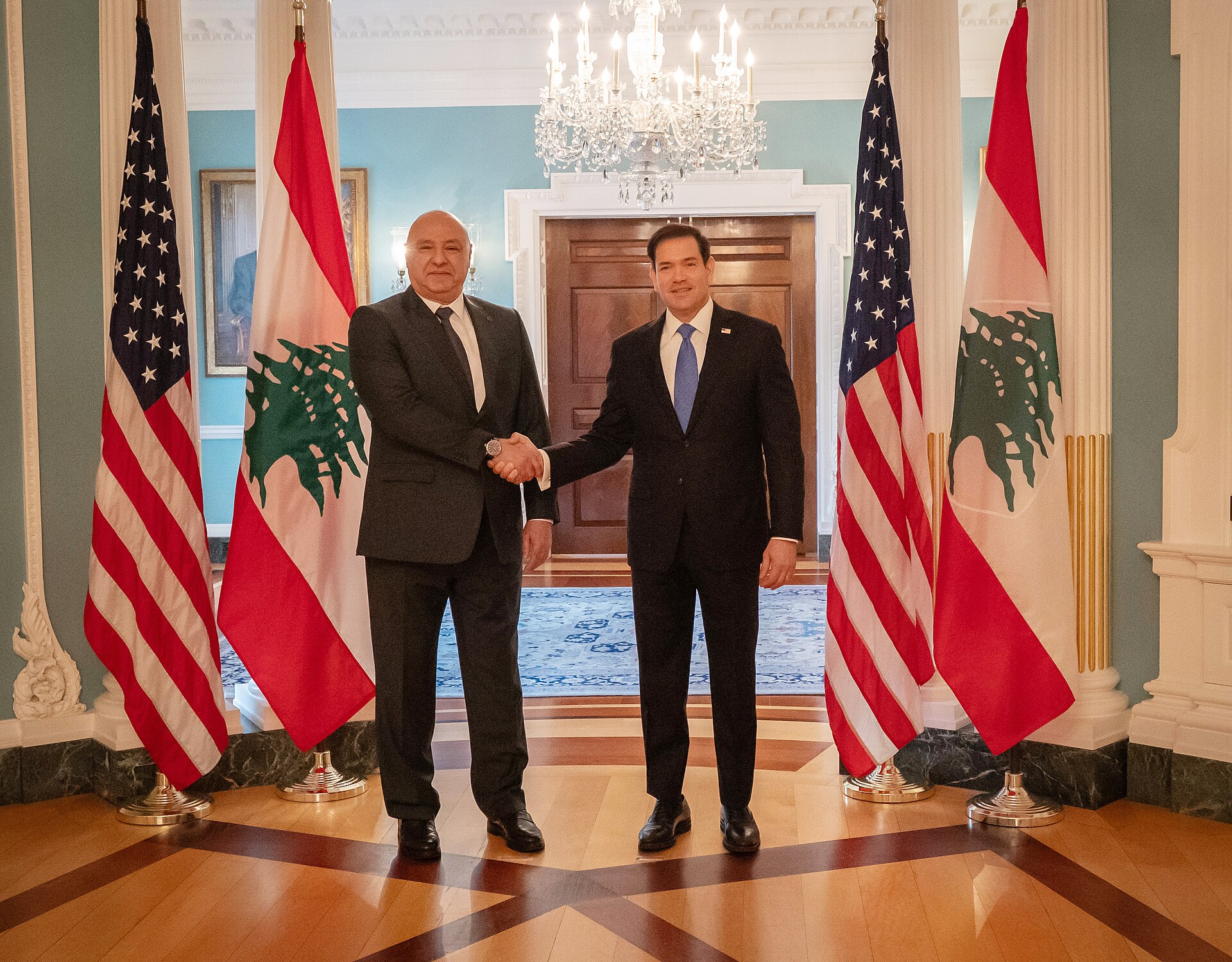Secretary of State Marco Rubio meets Lebanese President Joseph Aoun at the State Department, Washington D.C., July 19, 2026 — two days before Trump announced the Pickaxe Mountain strike