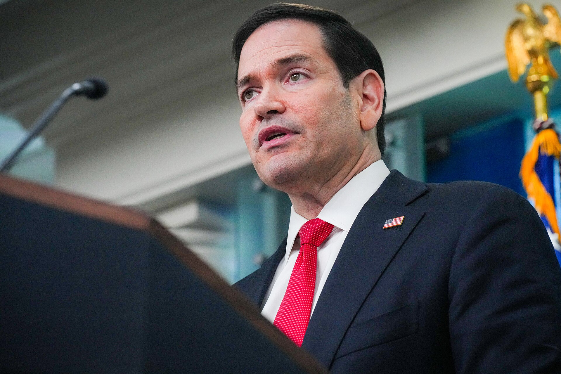 Secretary of State Marco Rubio at the White House press briefing podium, May 2026