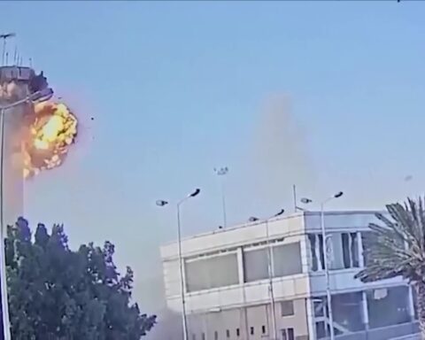 CCTV still of explosion striking Sanaa International Airport control tower during Israeli airstrike December 2024