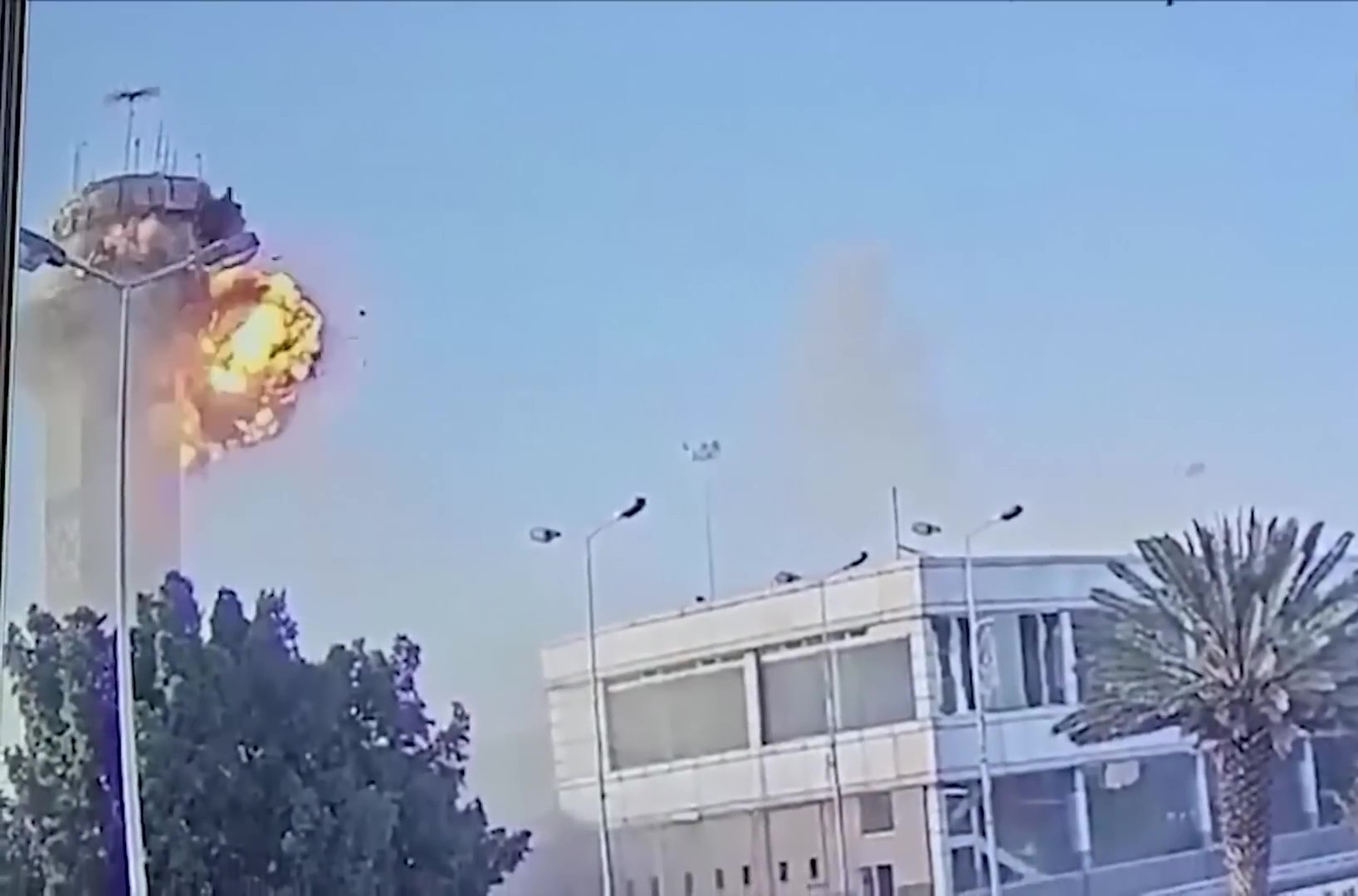 CCTV frame showing airstrike impact on Sanaa International Airport control tower, December 2024