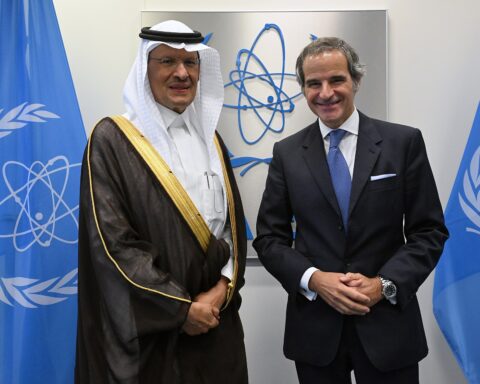 Saudi Energy Minister Prince Abdulaziz bin Salman meets IAEA Director General Rafael Grossi at the IAEA General Conference bilateral session, Vienna, September 2024
