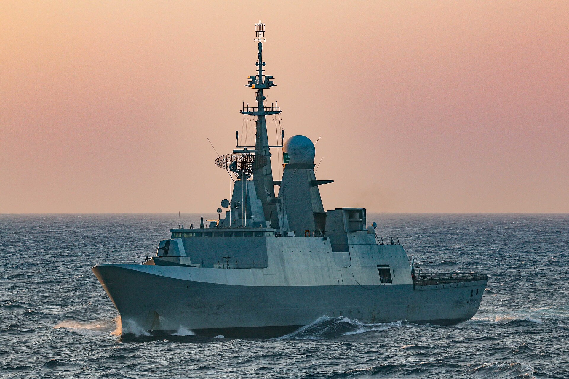 Royal Saudi Naval Force frigate Makkah transiting the Bab el-Mandeb Strait alongside USS Winston S. Churchill under the International Maritime Security Construct, November 2020