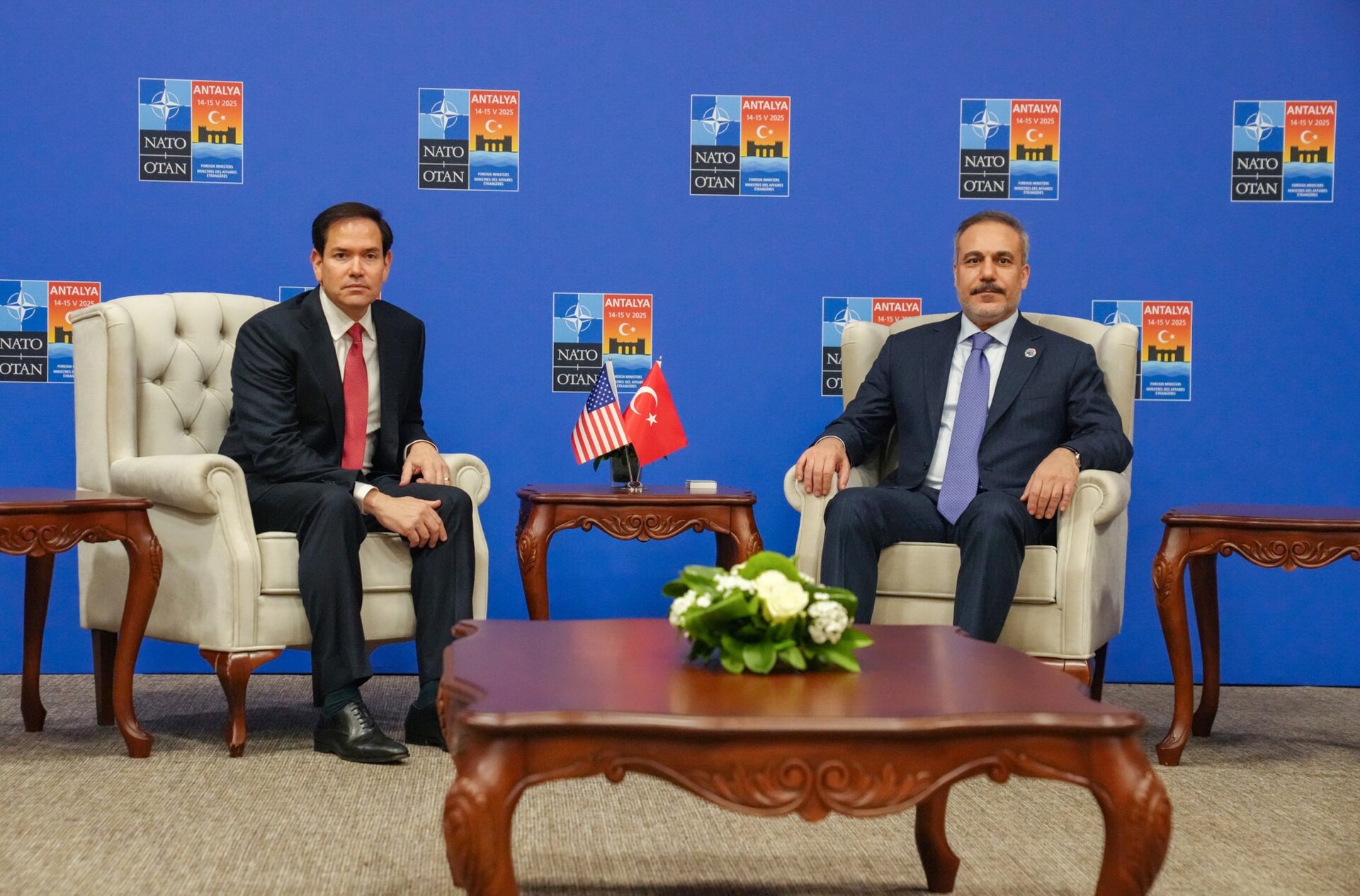 US Secretary of State Marco Rubio meets Turkish Foreign Minister Hakan Fidan at NATO meeting in Antalya, Turkey, May 2025
