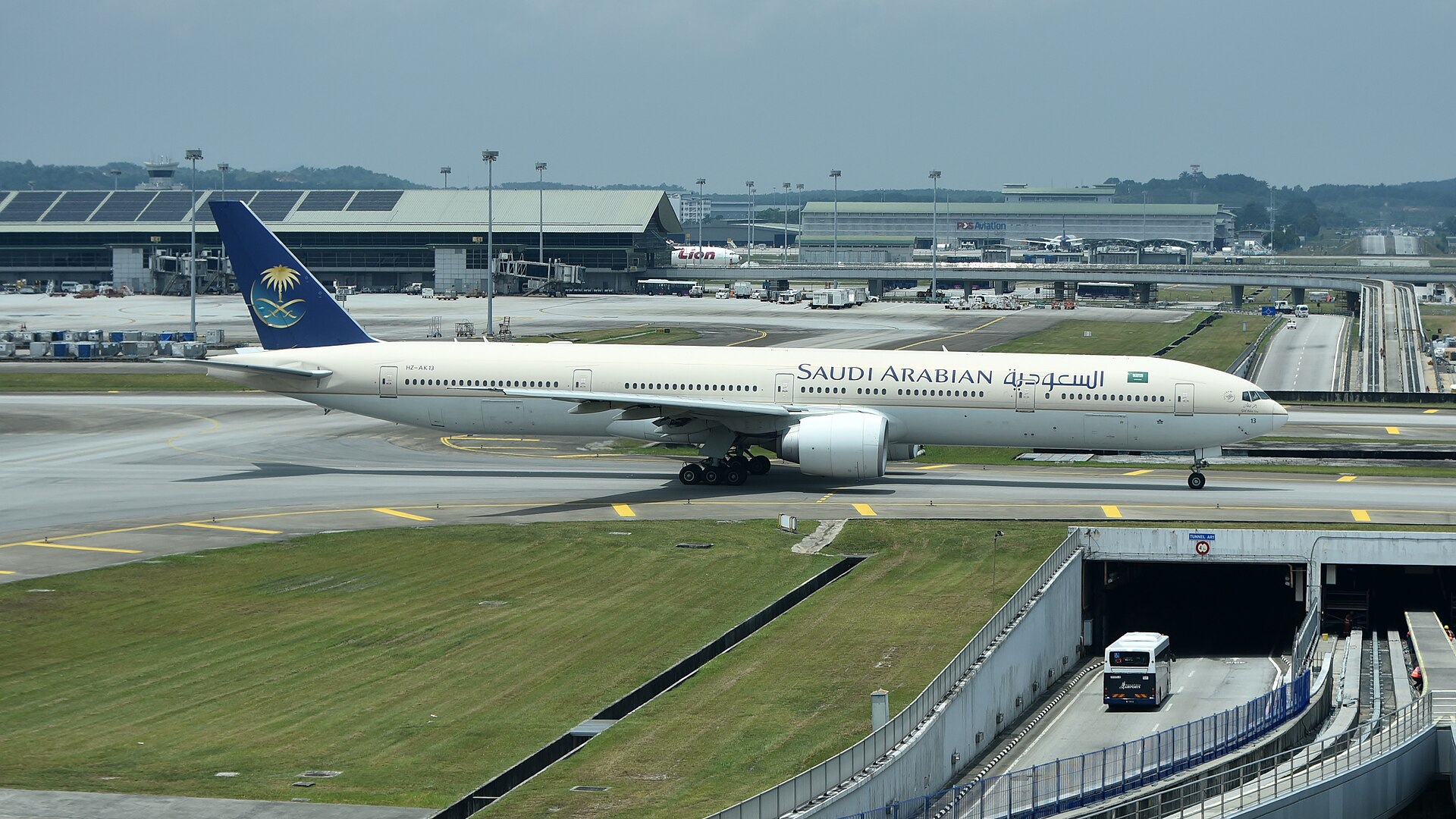 A Saudia Boeing 777 taxiing at an international airport — Saudi Arabian Airlines accounted for the majority of approximately 208 cancellations triggered by the July 13 southern airport closure