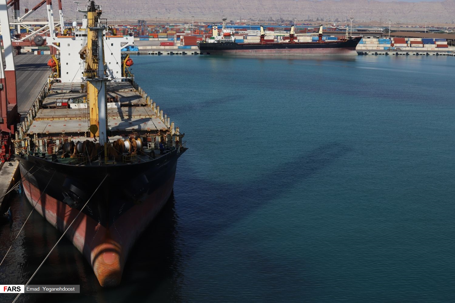 Shahid Rajaee Port at Bandar Abbas, Iran — the country's primary commercial port and IRGC Navy hub for Strait of Hormuz operations