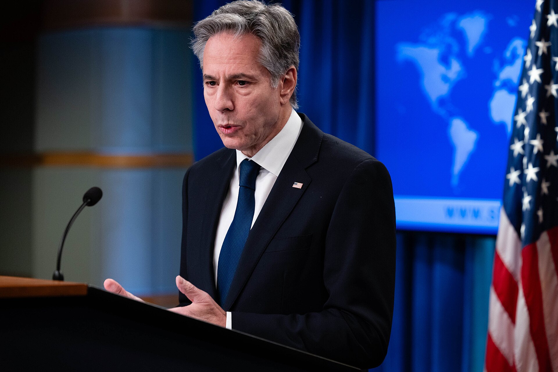 US Secretary of State at the State Department briefing room podium, Washington DC