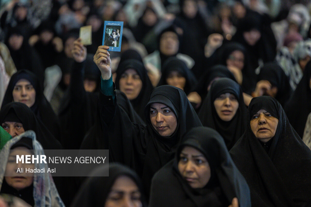 Worshippers at Tehran's Imam Khomeini Grand Mosalla during Eid al-Fitr prayers, 2026 — the same hall where Ali Khamenei's state funeral was held on July 5, 2026, with three sons present but Supreme Leader Mojtaba absent