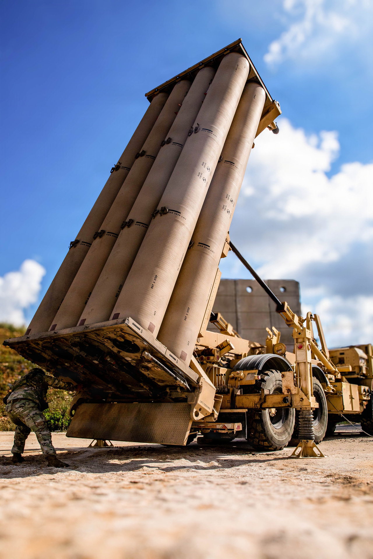 A US Army soldier inspects a THAAD terminal high altitude area defense launcher in the CENTCOM area of responsibility, May 2026