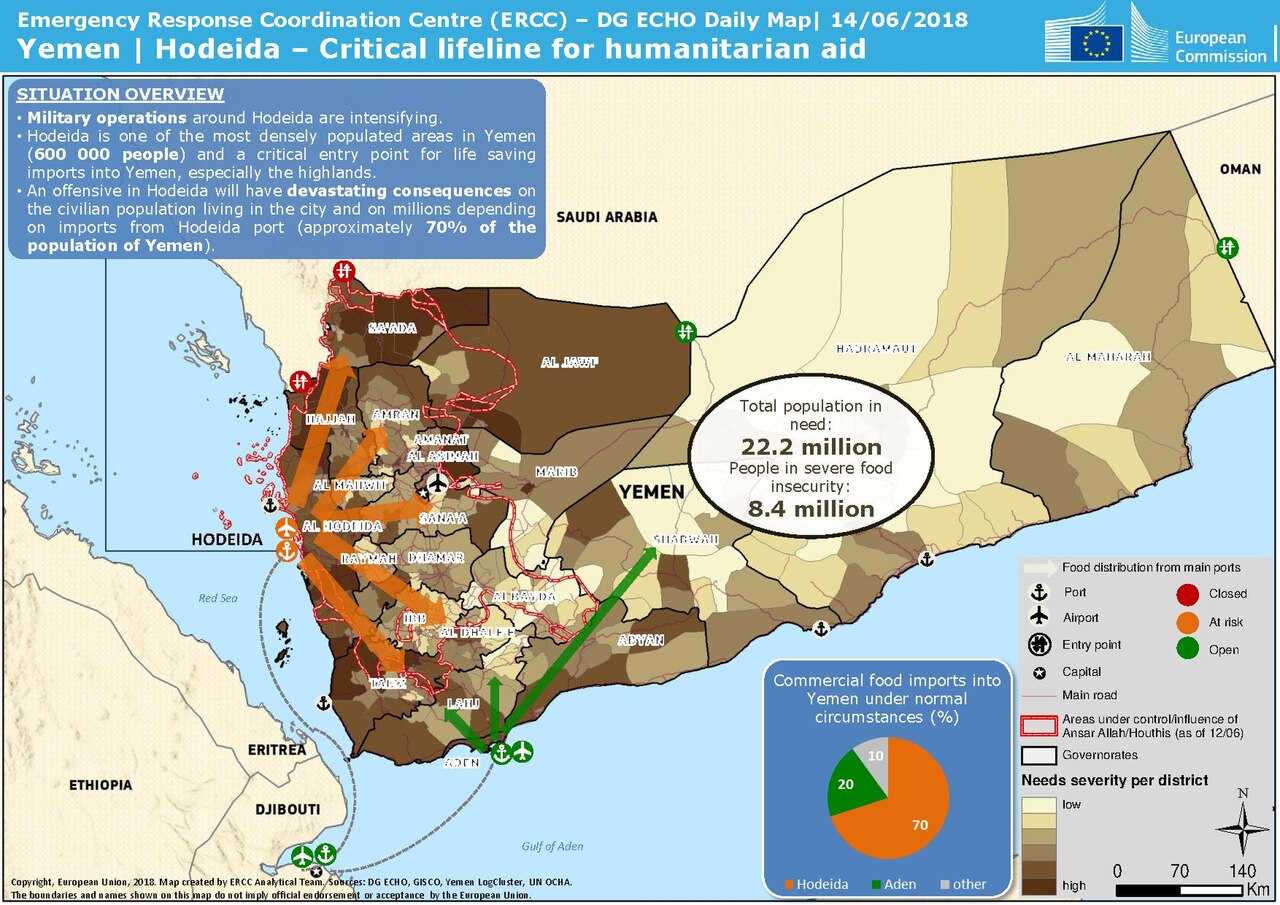 UN OCHA emergency map of Hodeida port Yemen showing 70 percent of Yemen imports pass through this critical humanitarian lifeline port