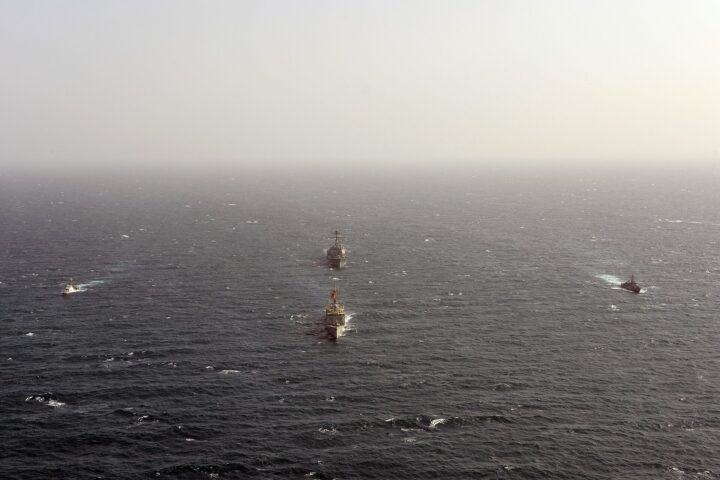 US Navy guided-missile destroyer USS William P. Lawrence and Royal Bahrain Naval Forces frigate Sabah transit the Arabian Gulf during Exercise Neon Falcon, March 2013