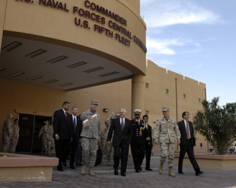 U.S. Fifth Fleet headquarters building at Naval Support Activity Bahrain in Manama, Juffair — the installation struck by IRGC missiles on July 8, 2026