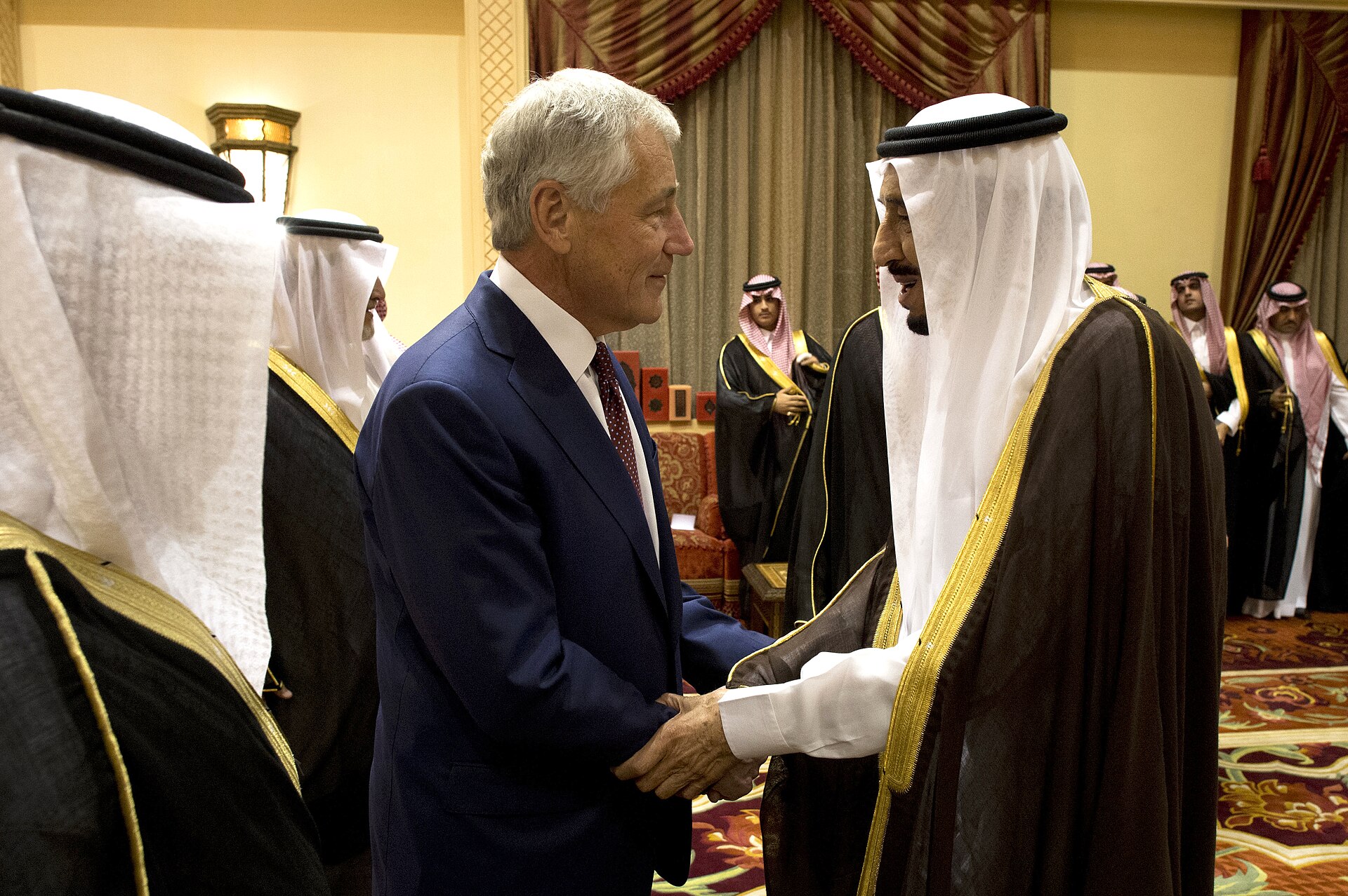 US Defense Secretary Chuck Hagel meets Crown Prince Salman of Saudi Arabia in Riyadh, April 2013 — the US-Saudi defense relationship whose institutional architecture underpins the 2,300 American personnel at Prince Sultan Air Base