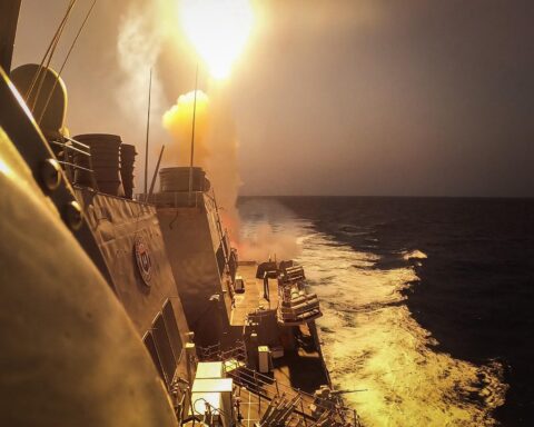 USS Carney DDG-64 guided-missile destroyer fires a missile to defeat a Houthi drone and missile attack in the Red Sea on October 19 2023 — the first naval engagement of the Houthi maritime warfare campaign