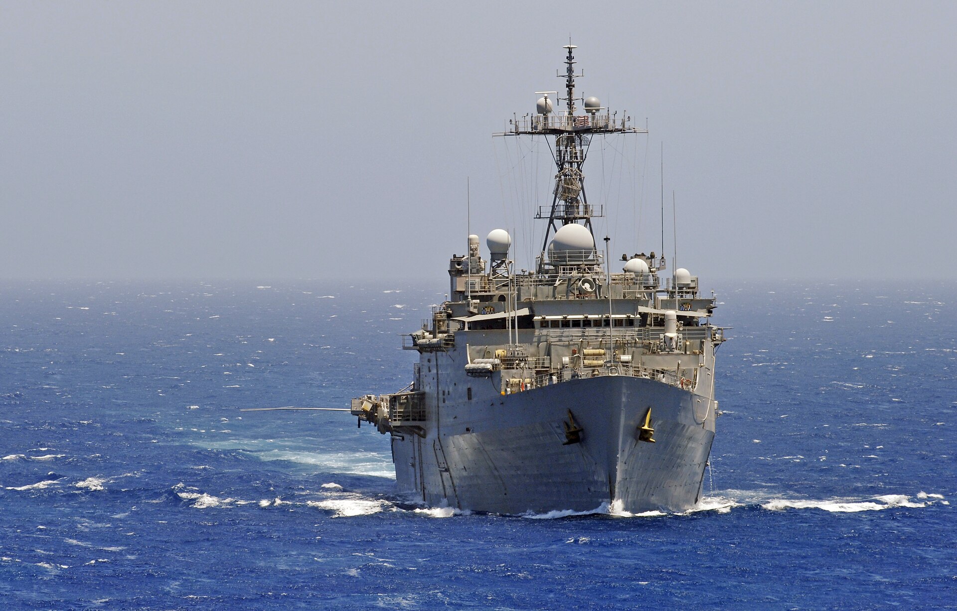 USS Ponce steams through the Red Sea during maritime security operations in the US 5th Fleet area, the corridor now under Houthi blockade declaration