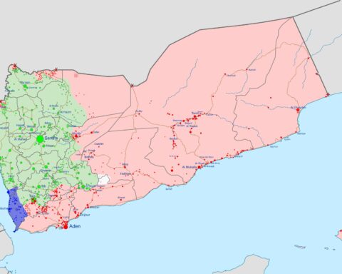 Yemen civil war map showing Houthi-controlled territory including Hodeidah port and Sanaa on the Red Sea coast