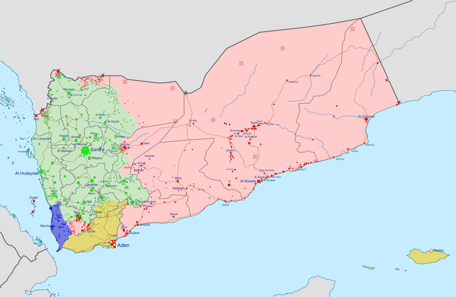 Yemen civil war control map January 2026 showing Houthi-controlled Hodeidah port on the western Red Sea coast — Operation Black Flag target zone