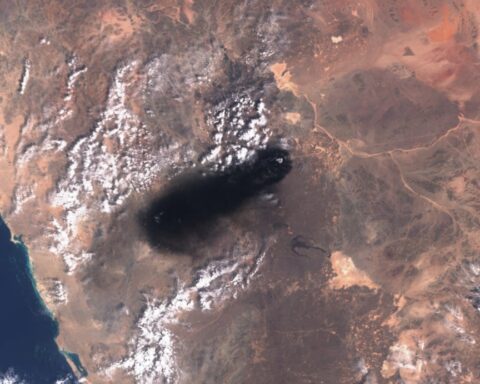 Satellite image showing black smoke plume rising from the East-West Crude Oil Pipeline in Saudi Arabia