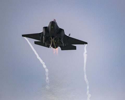 A US Air Force F-35A Lightning II climbs in afterburner during an airshow pass — the fifth-generation stealth fighter at the centre of the $24.3 billion congressional notification to Saudi Arabia