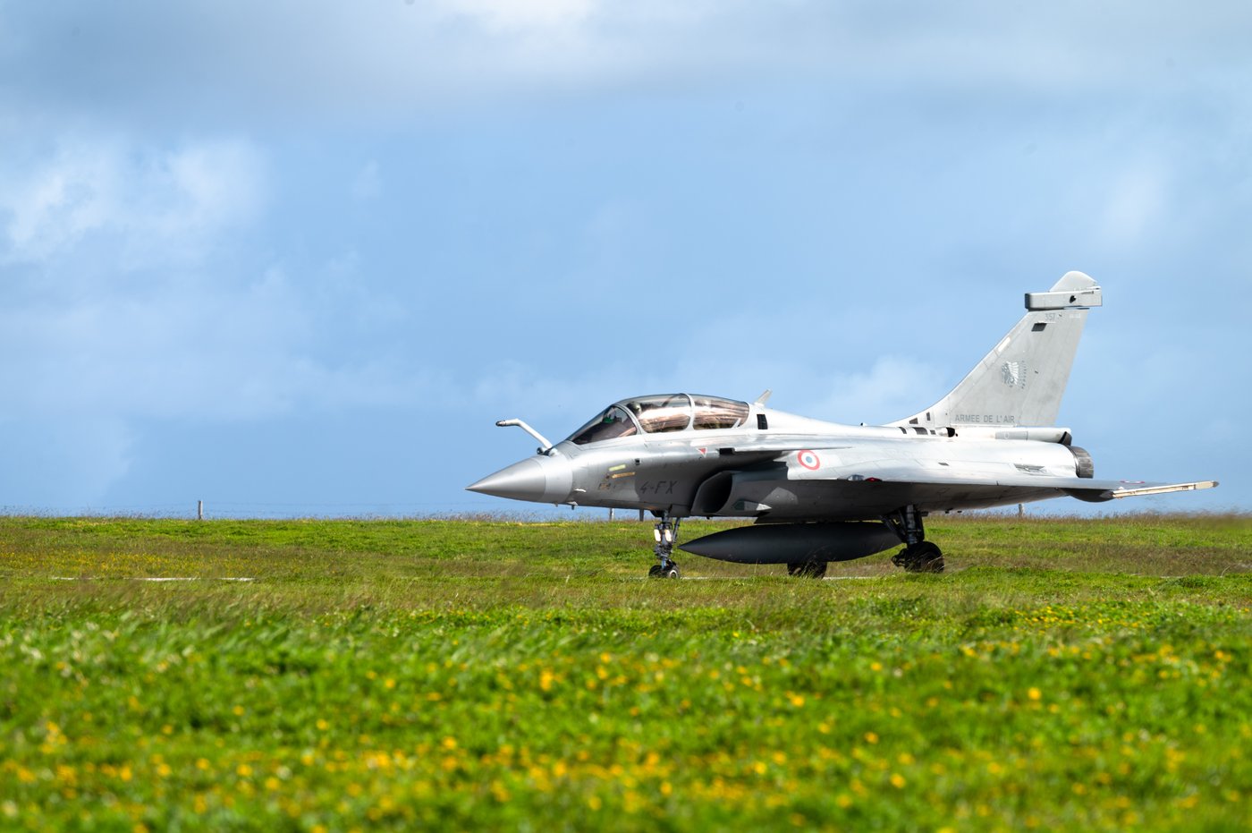 French Air and Space Force Dassault Rafale fighter jet on the runway, France maintains Rafale jets at Camp de la Paix in Abu Dhabi