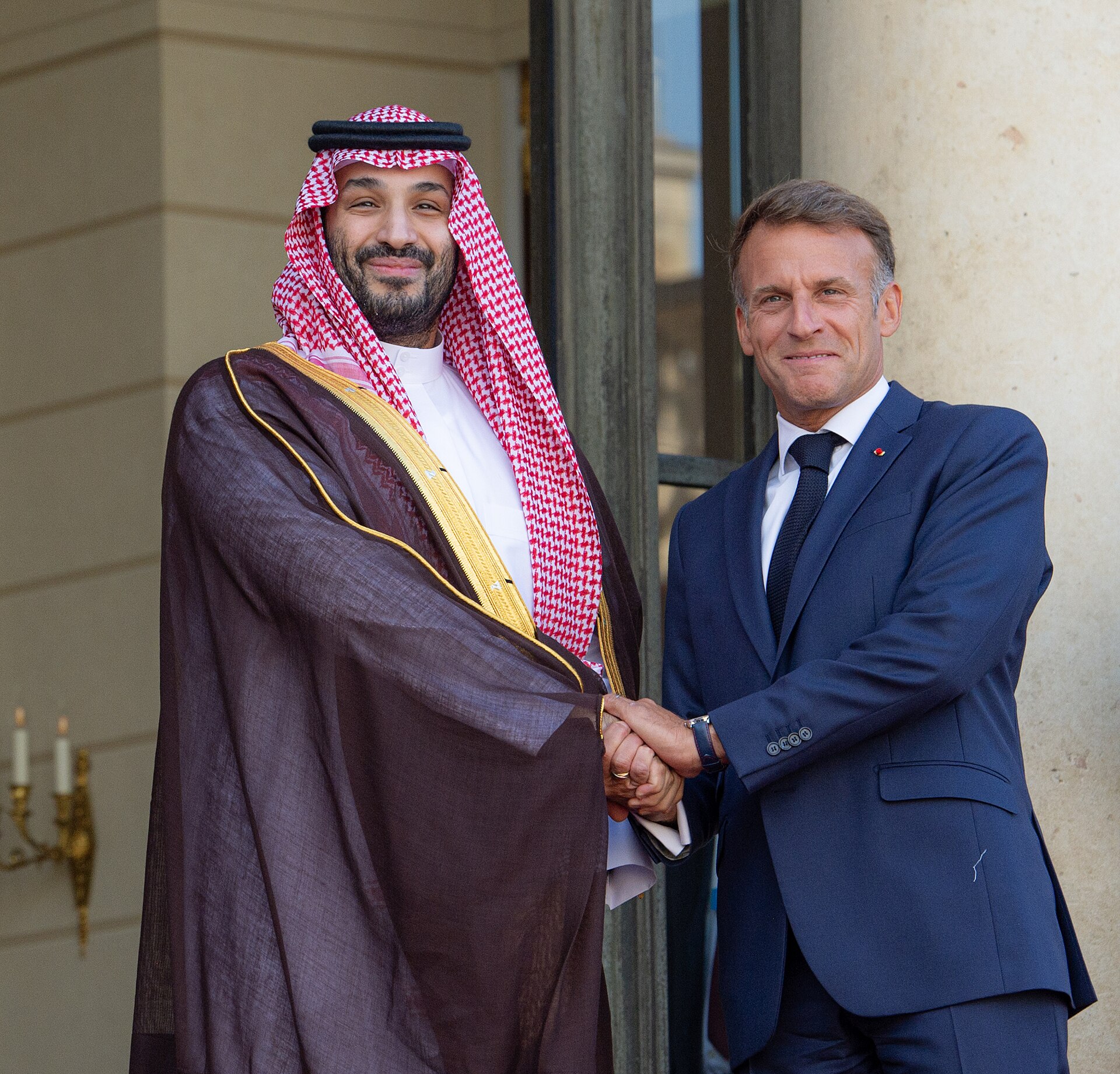 Emmanuel Macron and Crown Prince Mohammed bin Salman shake hands at the Élysée Palace in Paris on August 24, 2026, during the Franco-Saudi Strategic Partnership Council