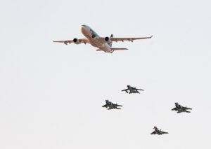 Royal Saudi Air Force jets in special livery formation during the 88th National Day celebrations