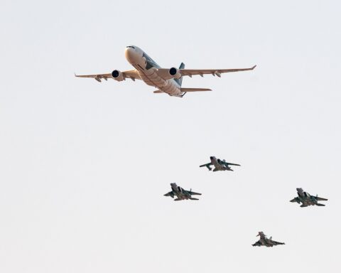 Royal Saudi Air Force jets in special livery formation during the 88th National Day celebrations