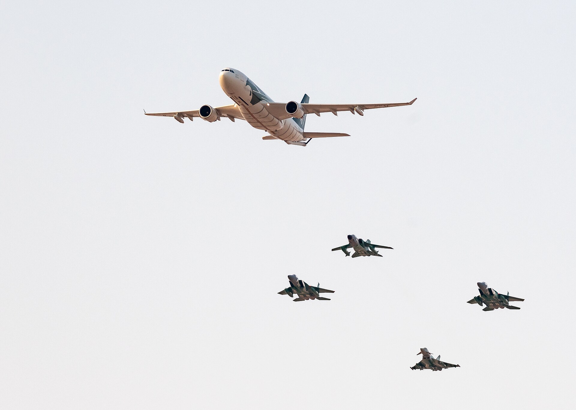 Royal Saudi Air Force jets in special livery formation during the 88th National Day celebrations
