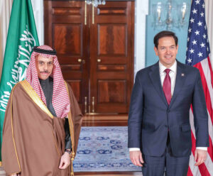 Secretary of State Marco Rubio meets with Saudi Foreign Minister Faisal bin Farhan Al Saud at the US State Department, Washington DC, April 9, 2025