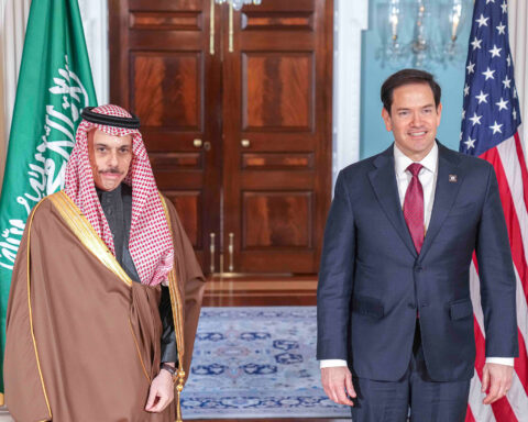 Secretary of State Marco Rubio meets with Saudi Foreign Minister Faisal bin Farhan Al Saud at the US State Department, Washington DC, April 9, 2025