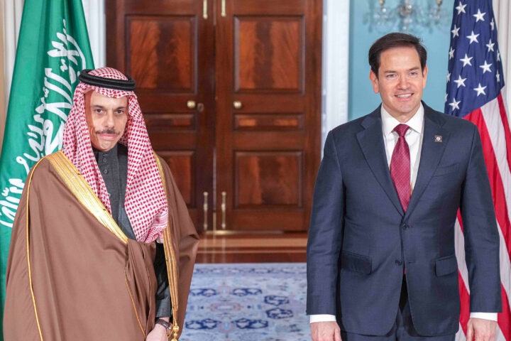 Secretary of State Marco Rubio meets with Saudi Foreign Minister Faisal bin Farhan Al Saud at the US State Department, Washington DC, April 9, 2025