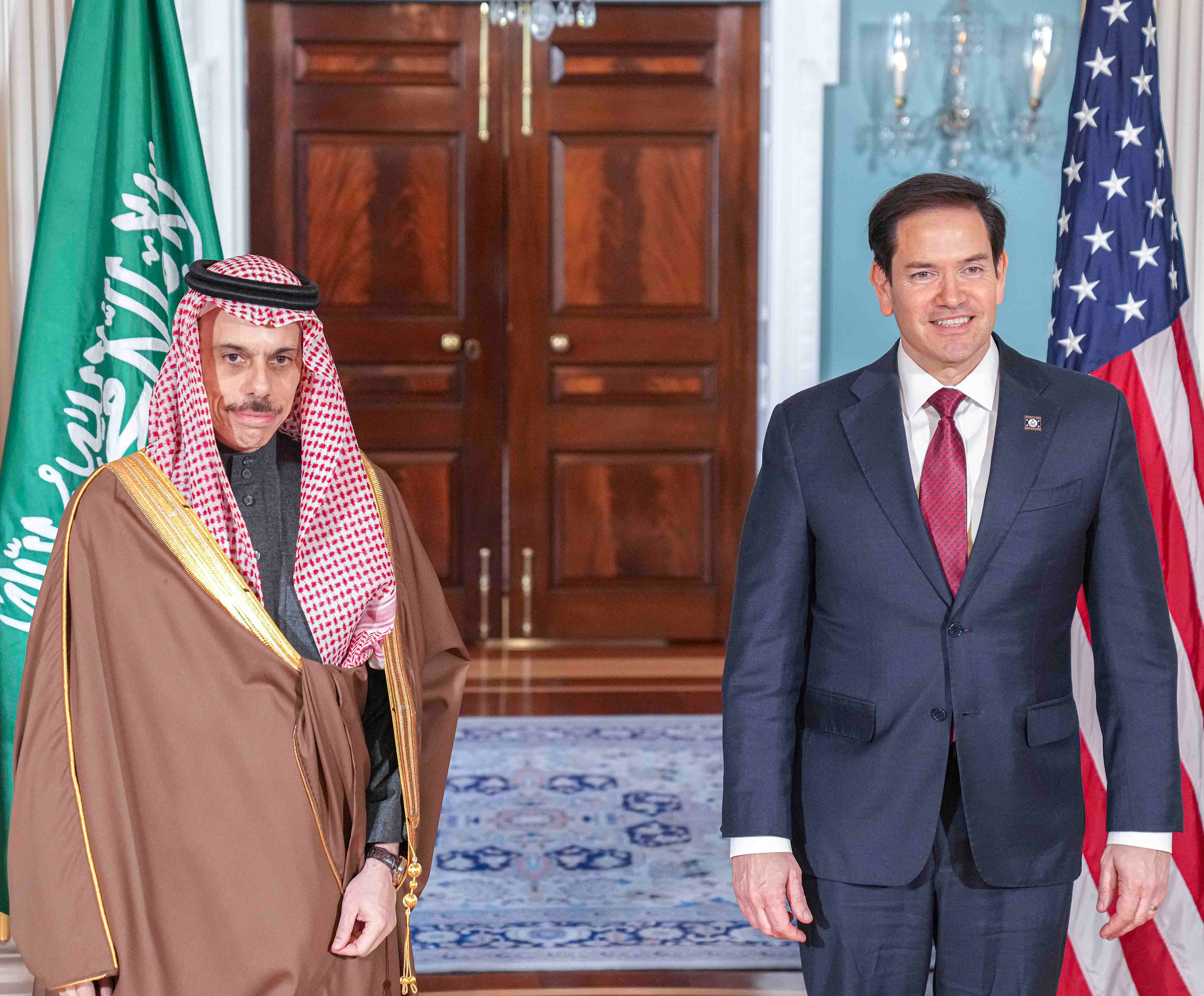 Secretary of State Marco Rubio meets with Saudi Foreign Minister Faisal bin Farhan Al Saud at the US State Department, Washington DC, April 9, 2025