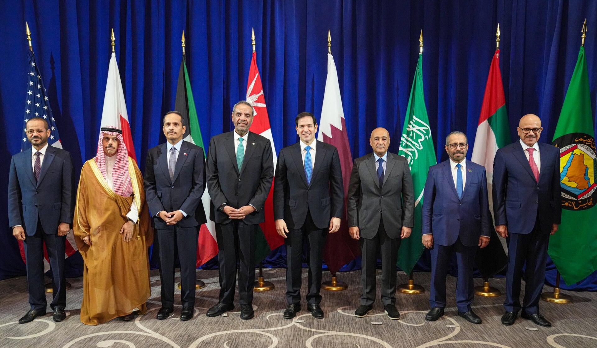Secretary of State Marco Rubio meets with Gulf Cooperation Council foreign ministers including Saudi FM Faisal bin Farhan in New York, September 2025 — the format of multilateral security statements Saudi Arabia coordinates