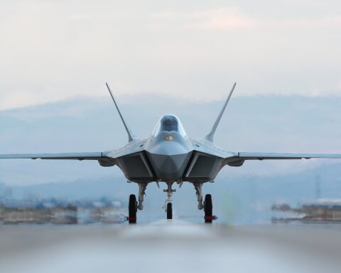 Turkey's TAI KAAN fifth-generation fighter prototype during taxiing and ground-running tests at Ankara Mürted Air Base, March 2023