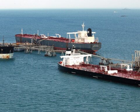 Three crude oil tankers load cargo at the Al Basrah Oil Terminal (ABOT) in the Northern Arabian Gulf. The terminal handles hundreds of tanker cargoes per year. Photo: US Navy / Public Domain