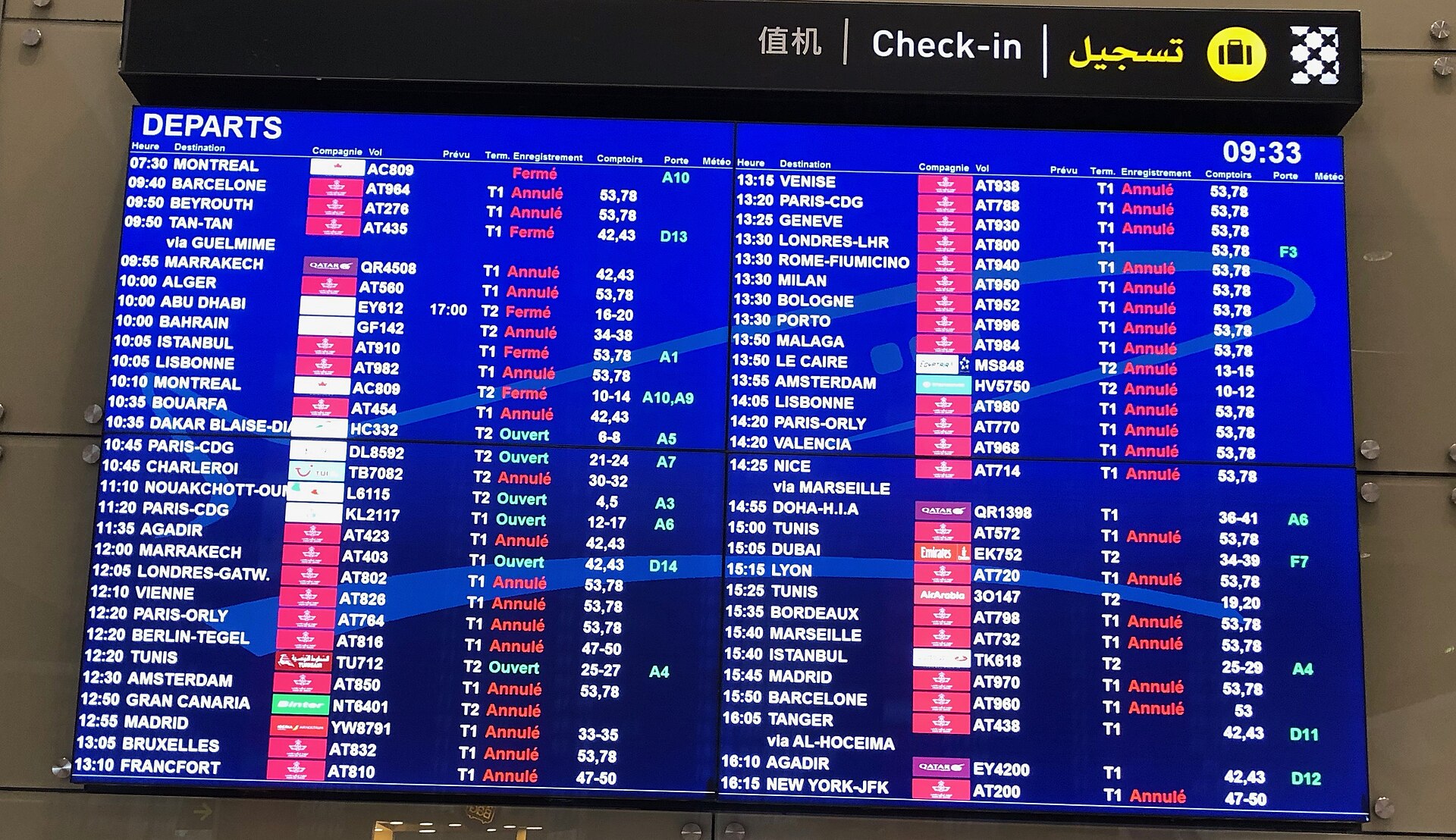 Airport departures board showing mass flight cancellations, with Annule displayed across most routes