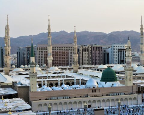 Al-Masjid an-Nabawi (the Prophet's Mosque) in Madinah, viewed from the south, with the Green Dome and surrounding minarets
