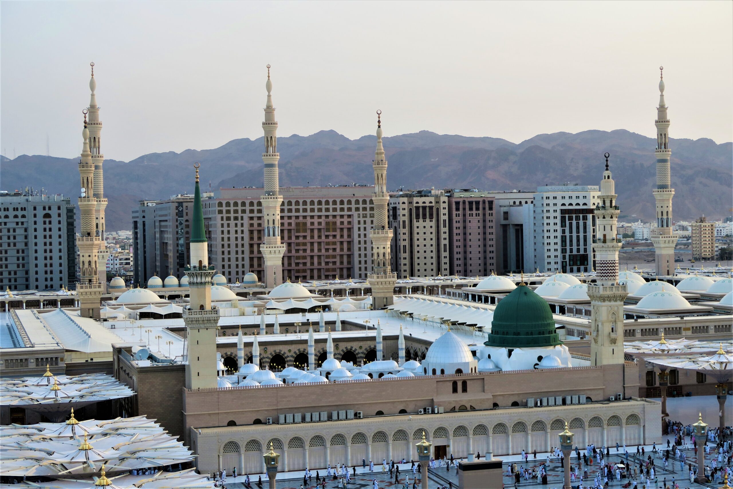 Al-Masjid an-Nabawi (the Prophet's Mosque) in Madinah, viewed from the south, with the Green Dome and surrounding minarets