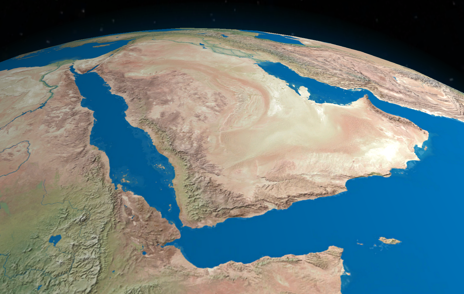 Arabian Peninsula from space showing Saudi Arabia, Yemen, Red Sea, Persian Gulf and Gulf of Oman