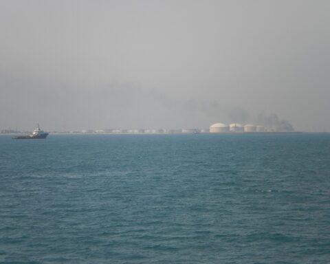 Aramco Ras Tanura oil terminal storage tanks viewed from the Persian Gulf, Eastern Province, Saudi Arabia