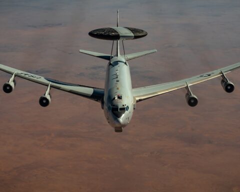 A US Air Force E-3 Sentry AWACS surveillance aircraft in flight over the Middle East. An E-3 Sentry of the same type was severely damaged in Iran's March 2026 strike on Prince Sultan Air Base south of Riyadh. Photo: SSgt Trevor McBride / US Air Force / Public Domain