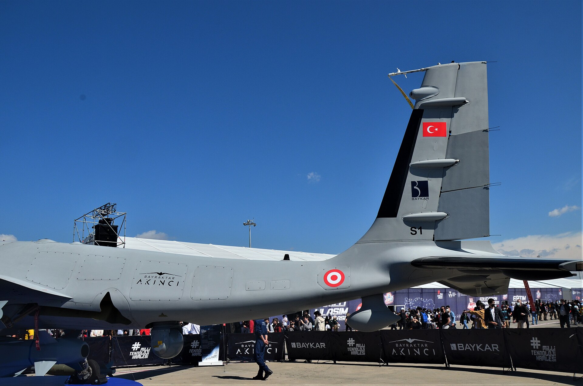 Bayraktar Akinci combat drone displayed by the Turkish Army at Teknofest 2021. Turkey sold the Akinci — its largest and most capable UCAV — to Saudi Arabia in 2023, and Turkish analysts expect Akinci operators to form part of any technical contribution Ankara makes under the Makkah pact.