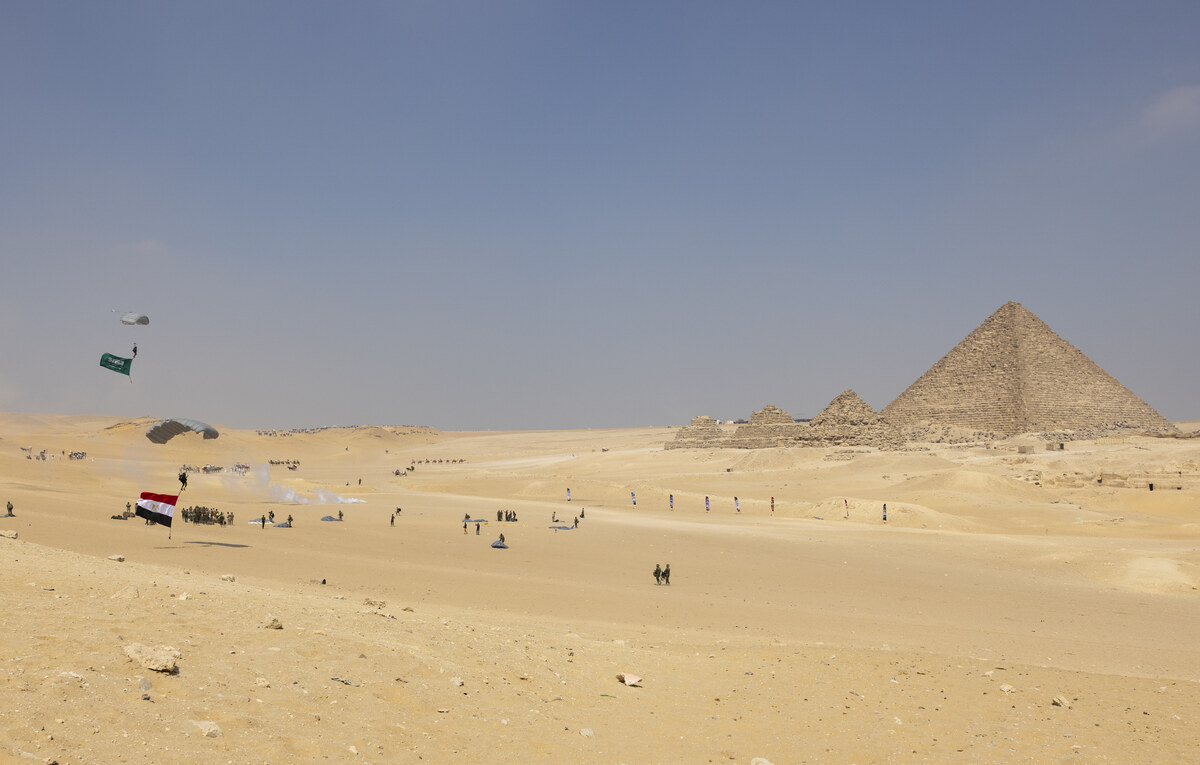 Egyptian and Saudi Arabian paratroopers land at the Pyramids of Giza during the BRIGHT STAR 25 multinational military exercise, September 2025
