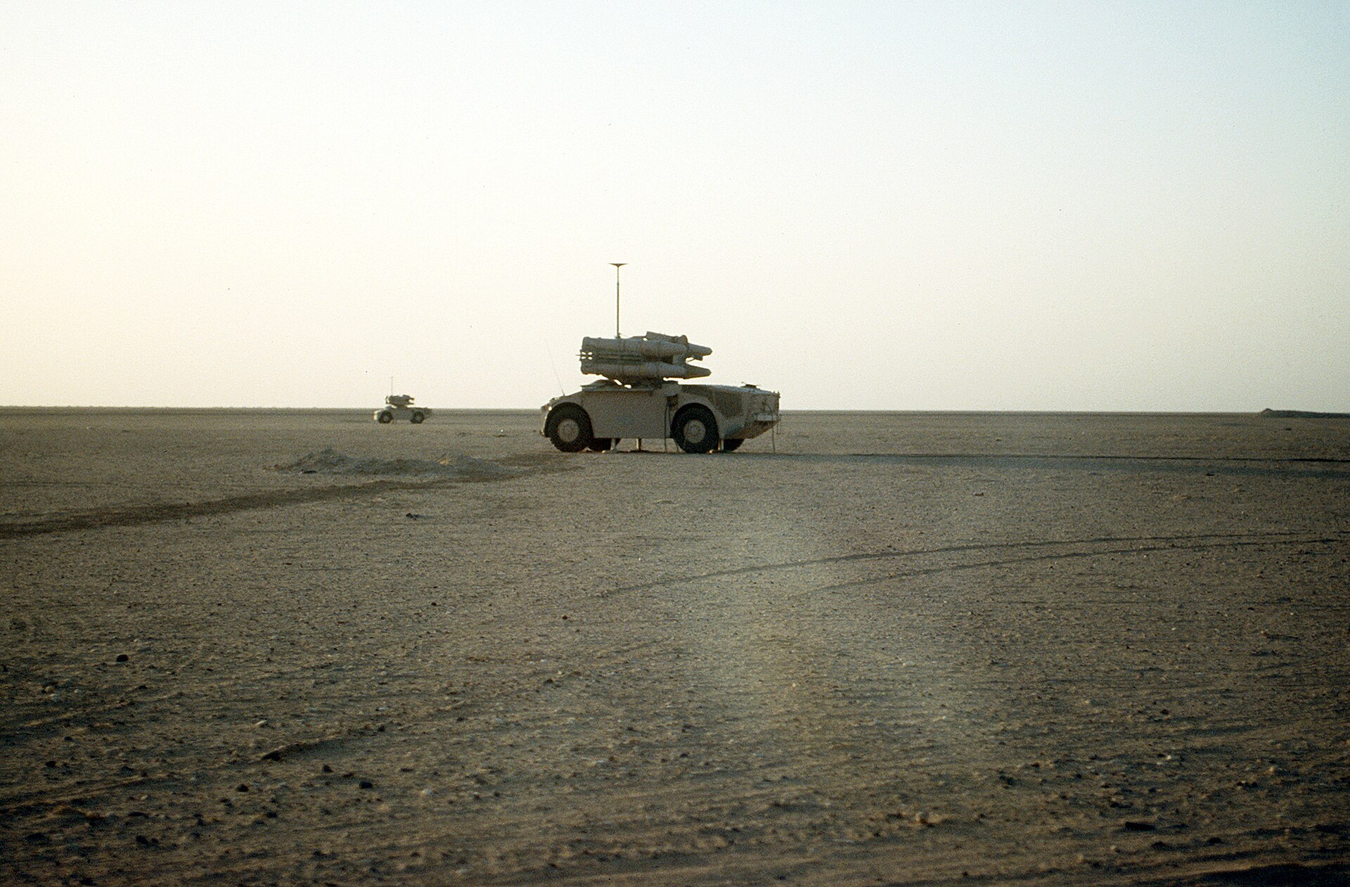 Crotale short-range air defense missile system deployed in desert terrain