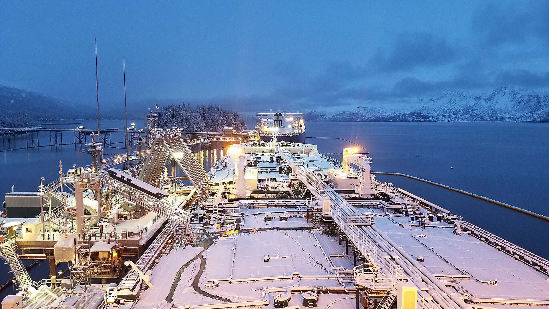 The crude oil tanker MT Alaskan Navigator loading ANS crude oil at Valdez Marine Terminal, showing the scale of export infrastructure required to move Gulf crude to Asian markets