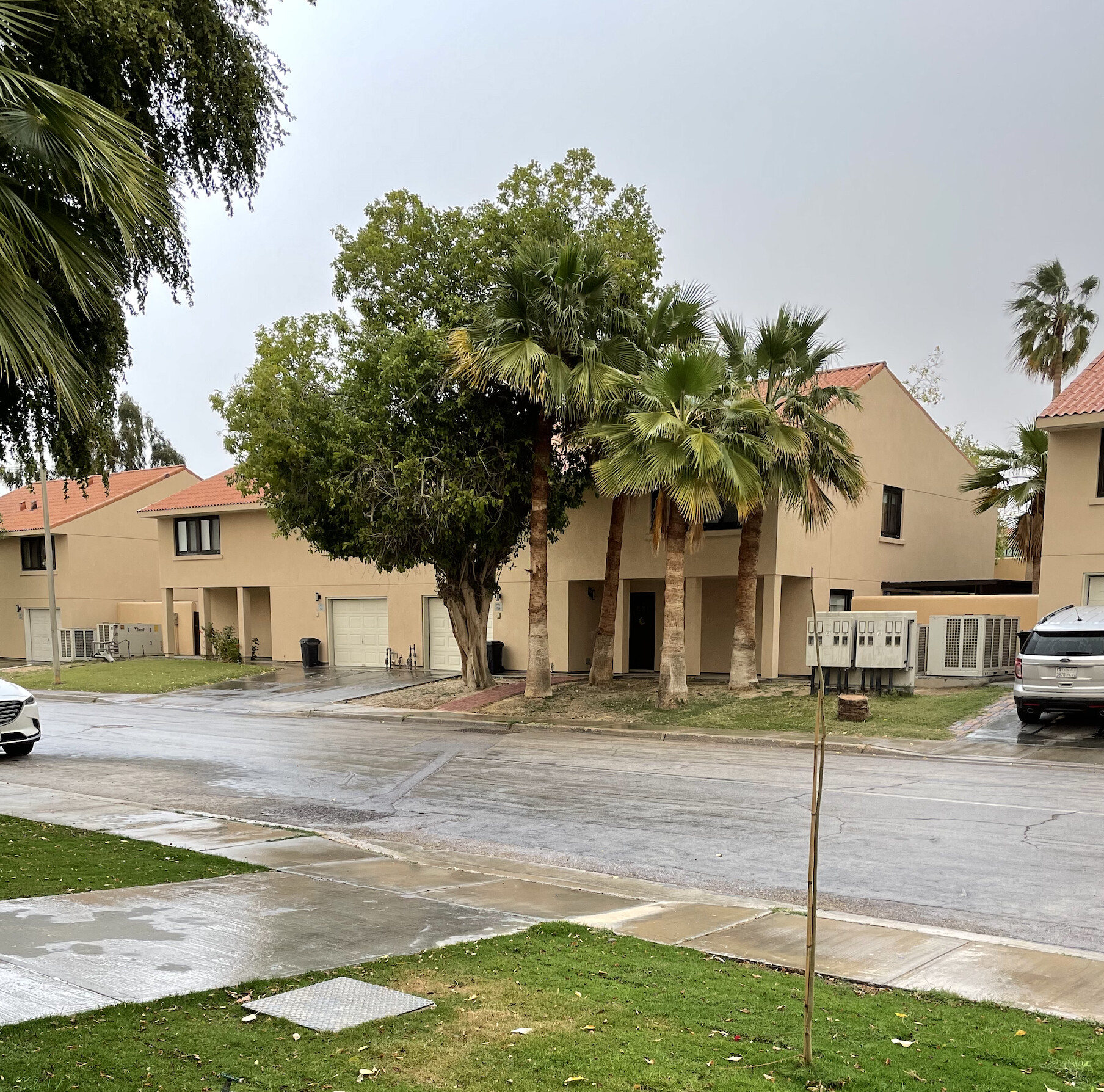 A residential street inside the Saudi Aramco compound in Dhahran Hills — the walled company town in Dhahran, Eastern Province