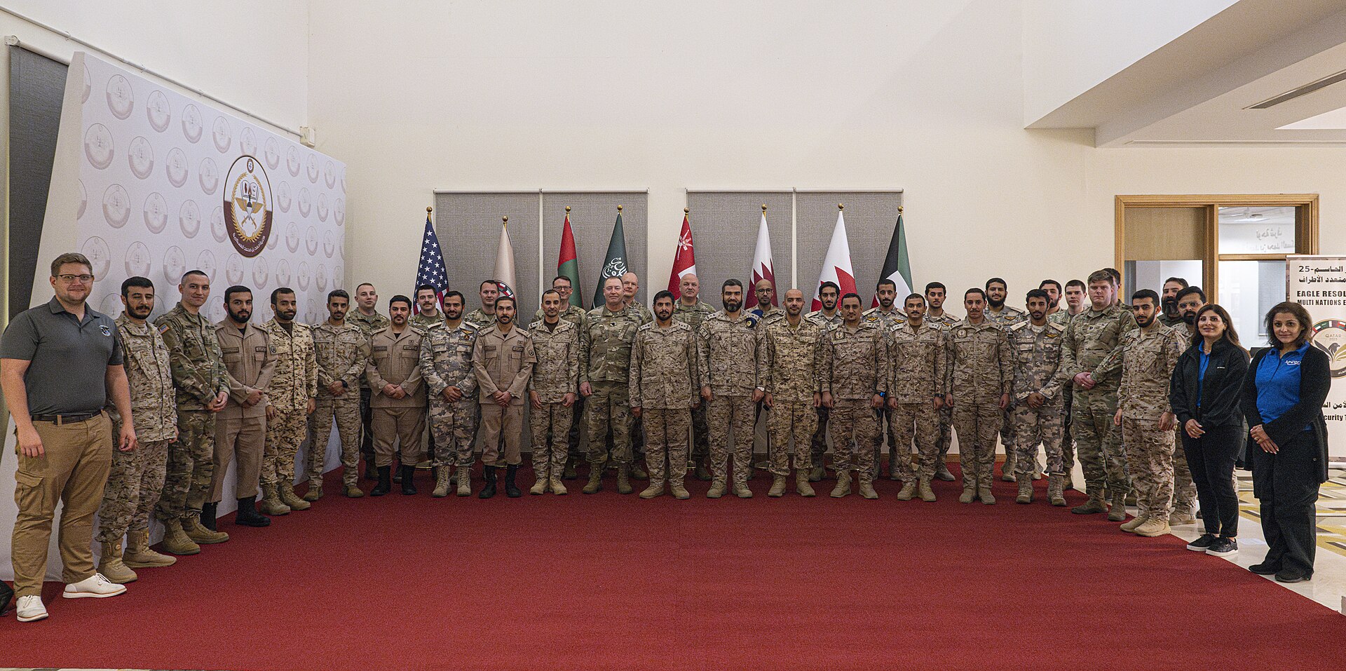 US and Gulf Cooperation Council military personnel pose during Exercise Eagle Resolve 2025, a multilateral security exercise in the CENTCOM area of responsibility