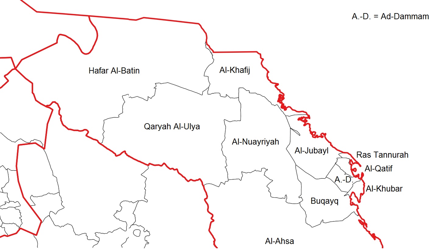 Map of Saudi Arabia Eastern Province governorates including Dammam, Al-Khubar, Al-Jubayl and Al-Ahsa