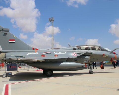 Egyptian Air Force Rafale DM fighter jet serial 9265 with Egyptian flag on tail at El Alamein International Airshow, September 2024